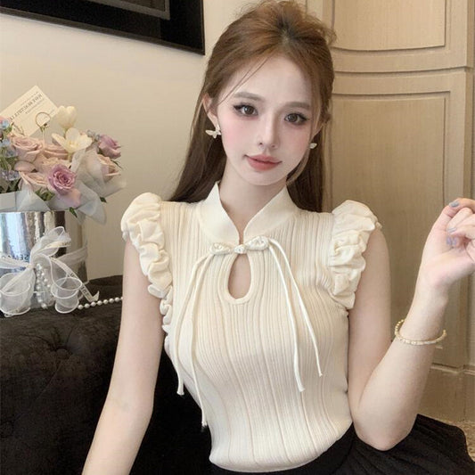 Retro-style Buckle Puffed Sleeves Elegant Top