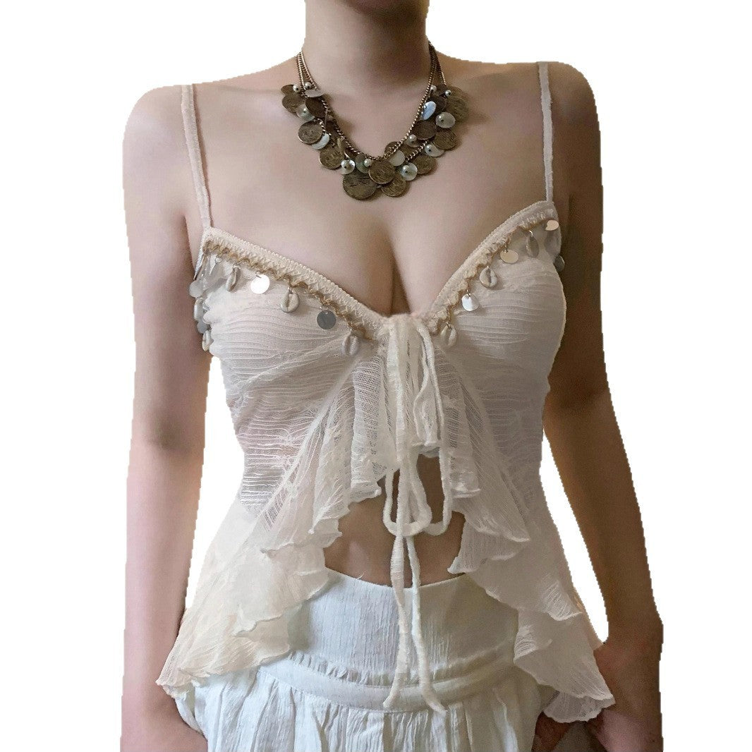 Low Collar Chest-Flattering Lace-up Mesh Sexy Vest