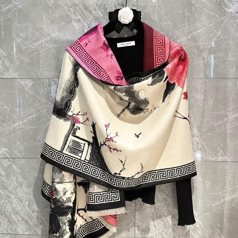 Chinese Aesthetic Ink Painting Shawl Autumn And Winter Warm Scarf