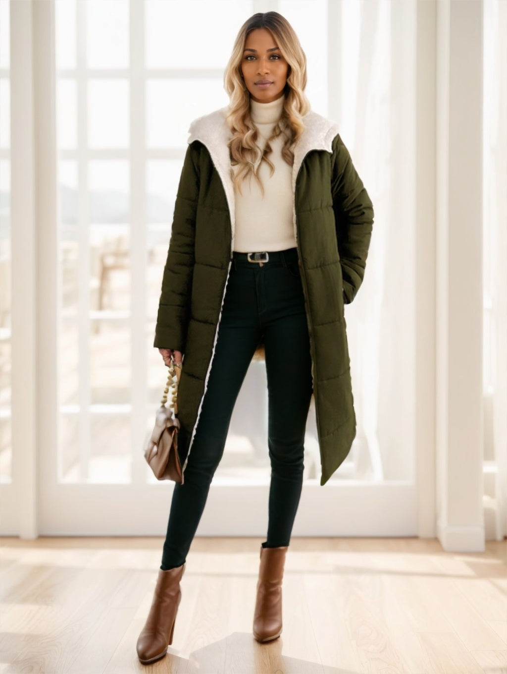 Long Sleeve Zip-Up Hooded Cotton Coat