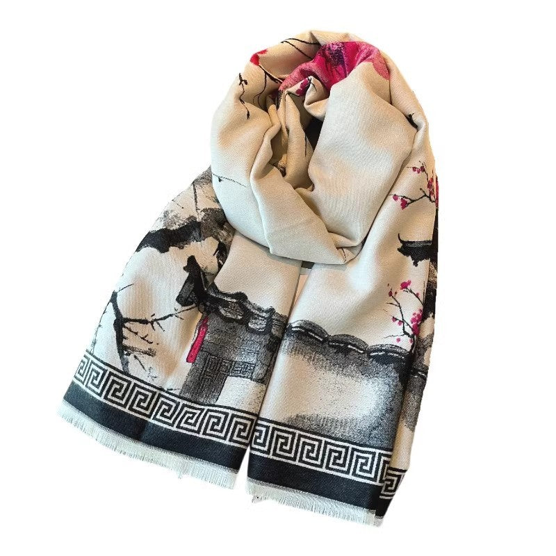 Chinese Aesthetic Ink Painting Shawl Autumn And Winter Warm Scarf
