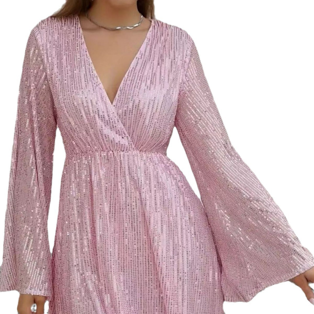 V-neck Sequin Waist Slimming Party Evening Dress