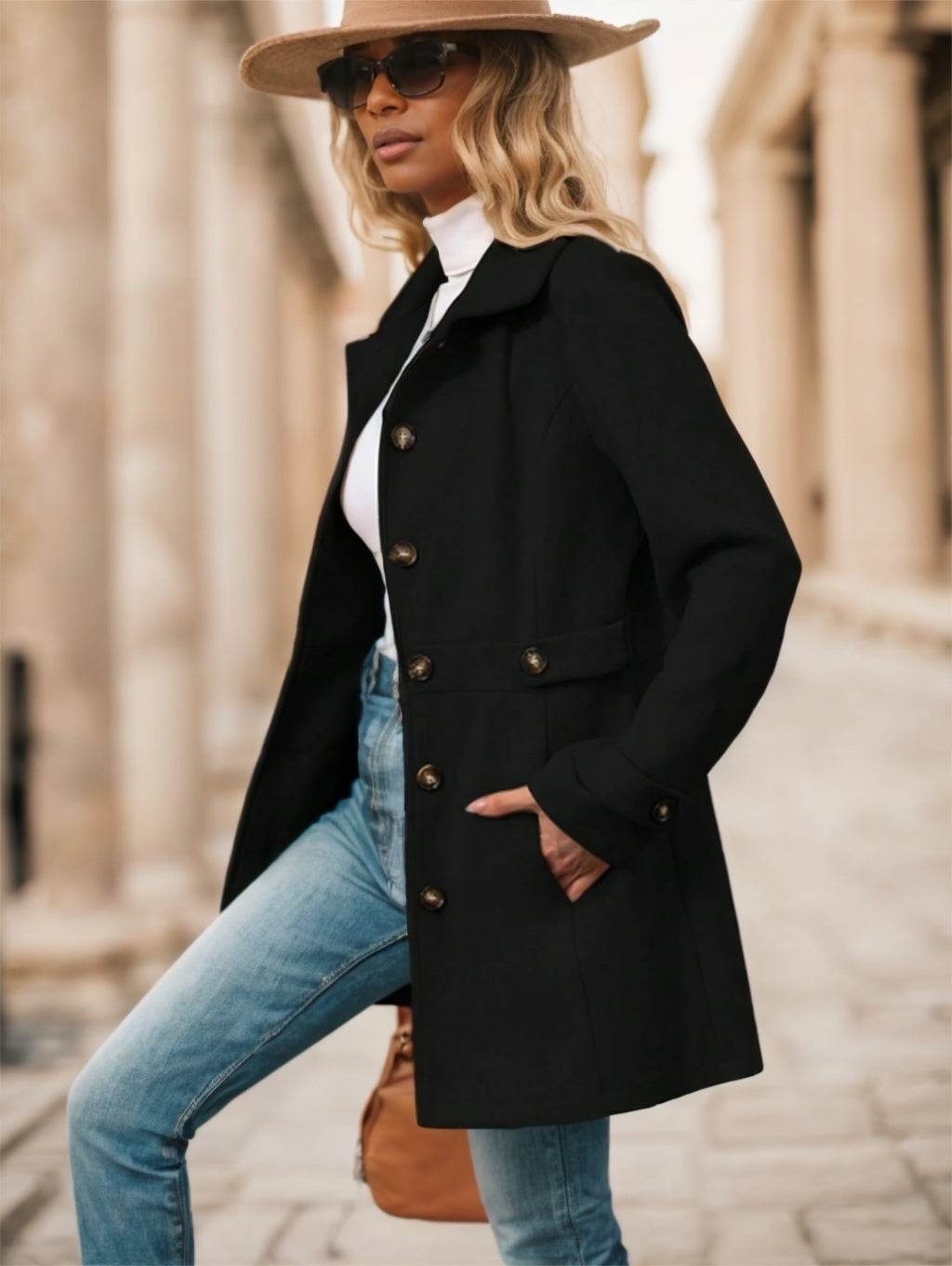 Single-Breasted Solid Color Woolen Coat