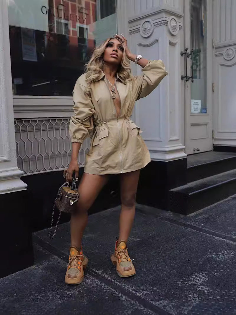 Drawstring Waist Mid-length Trench Coat