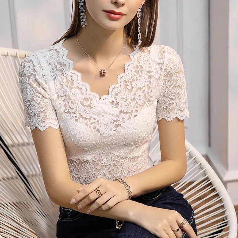 V-neck Hollow Lace Bottoming Shirt