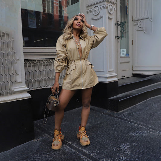 Drawstring Waist Mid-length Trench Coat