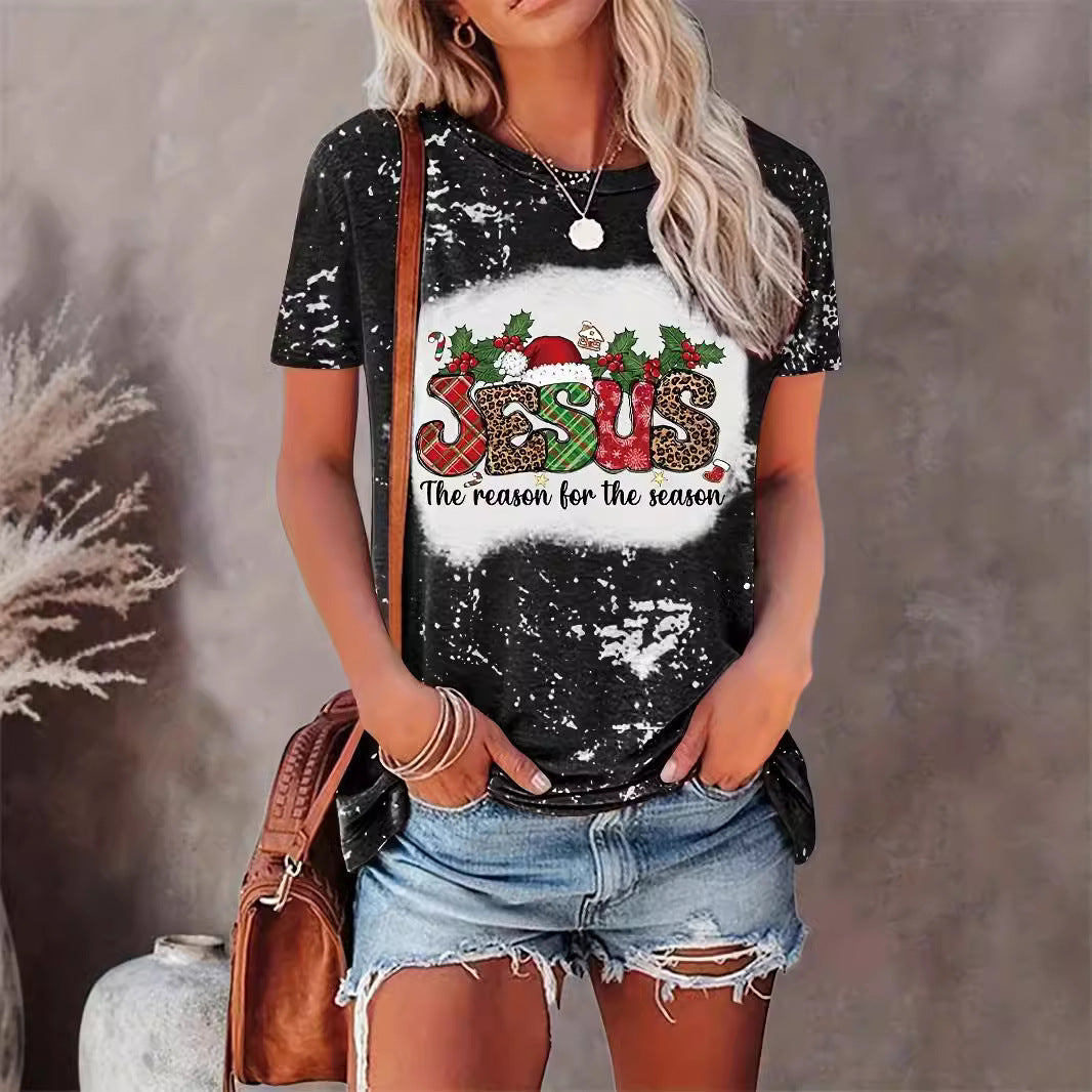 Jesus Print Christmas Round Neck T-shirt