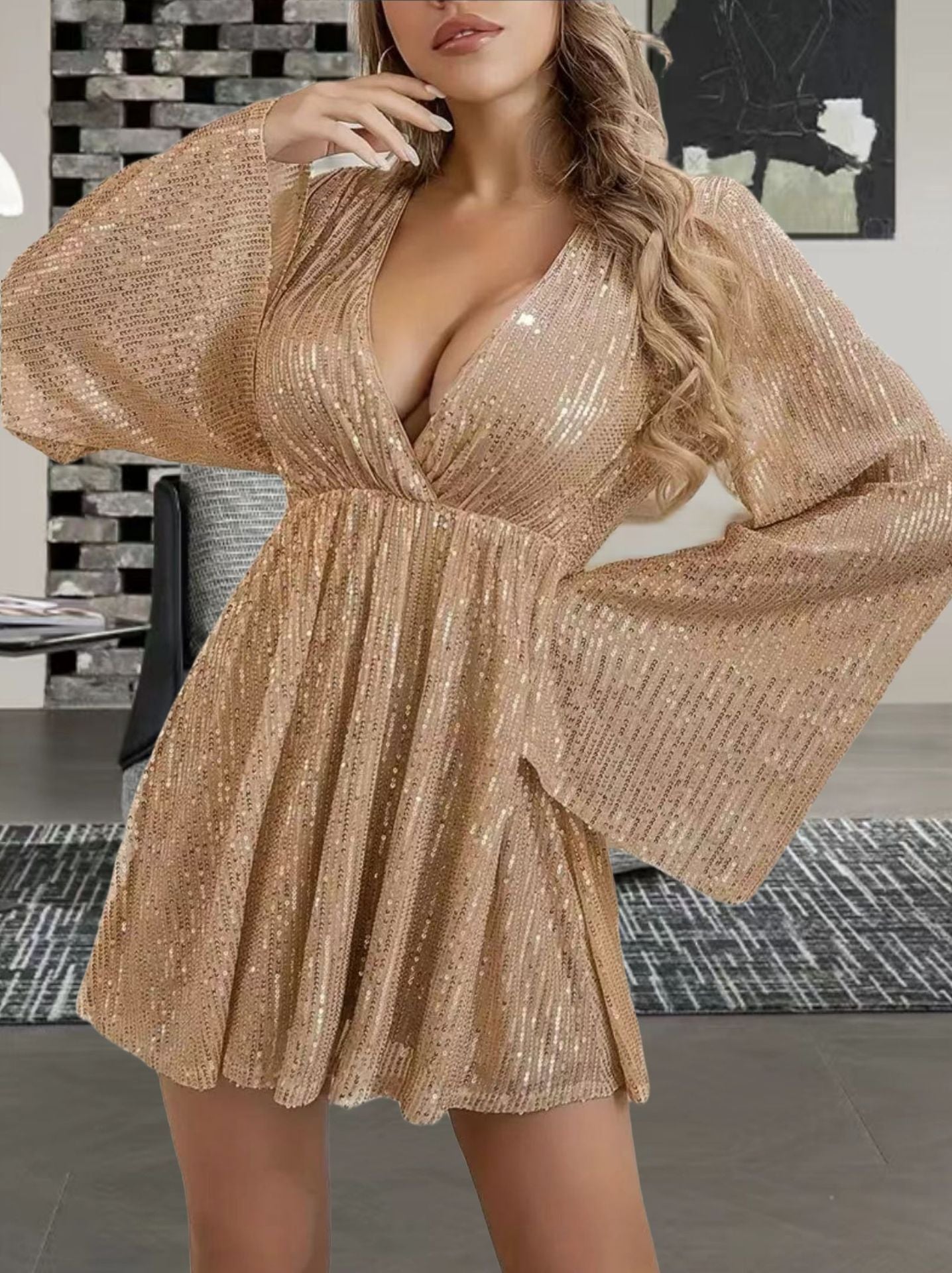 V-neck Sequin Waist Slimming Party Evening Dress