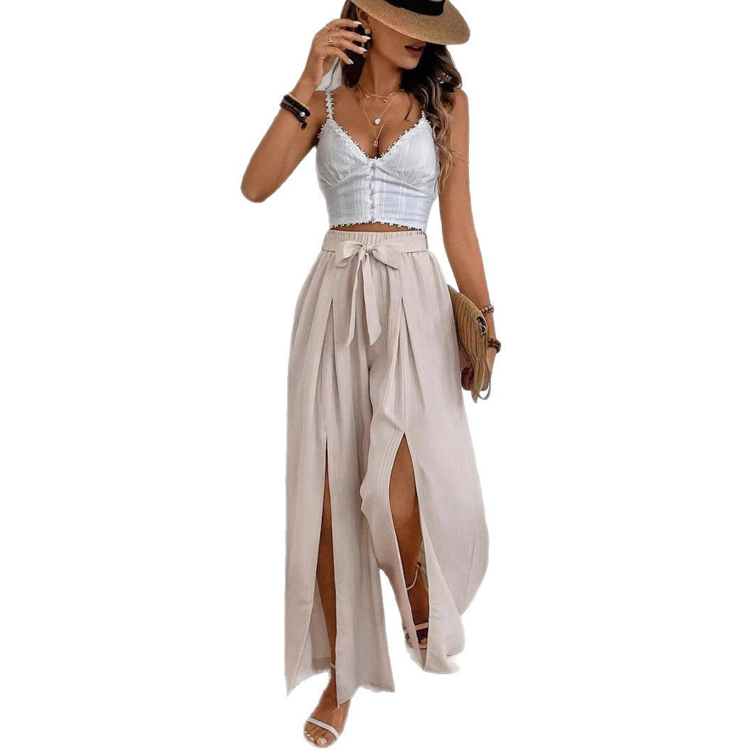 High Waist Loose Lace-up Slit Pants