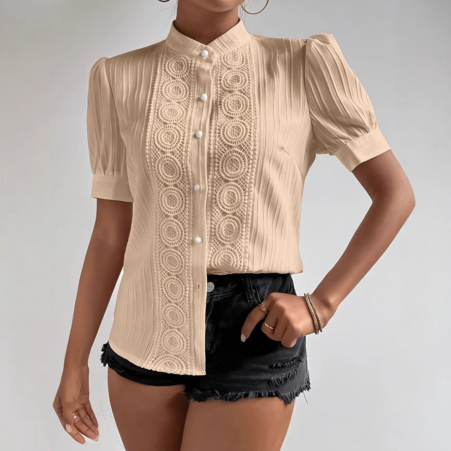 Lace Patchwork Stand-up Collar Women's Top