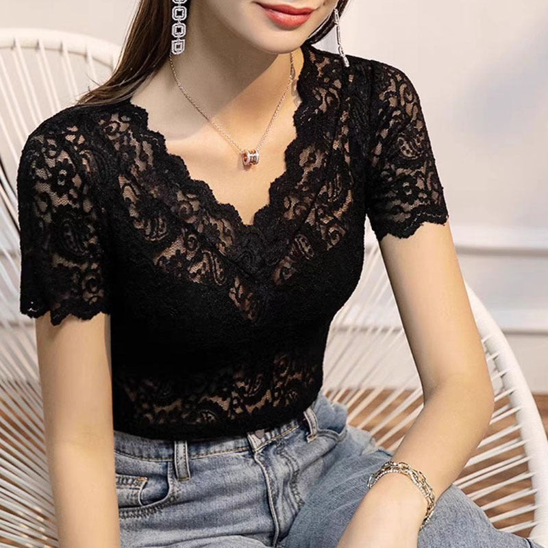 V-neck Hollow Lace Bottoming Shirt