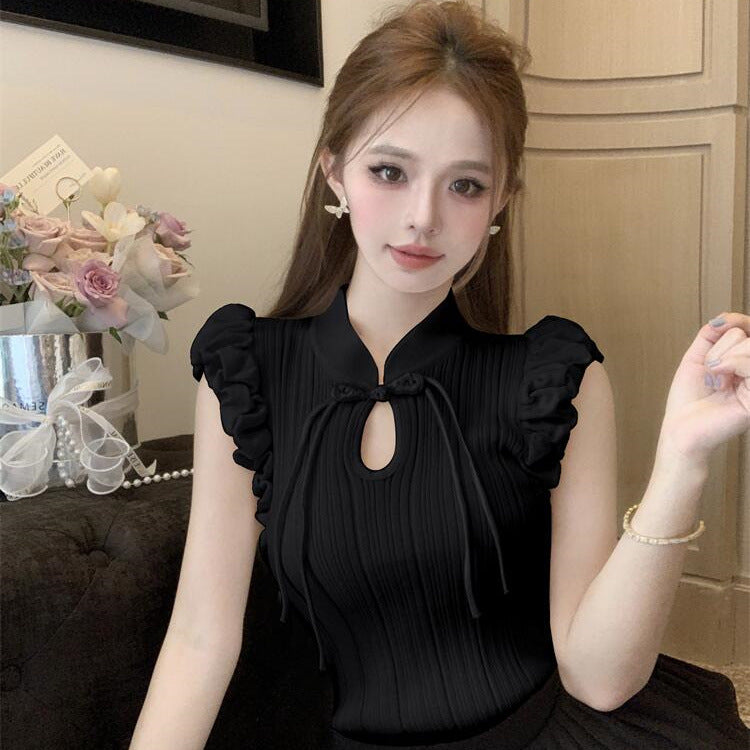 Retro-style Buckle Puffed Sleeves Elegant Top