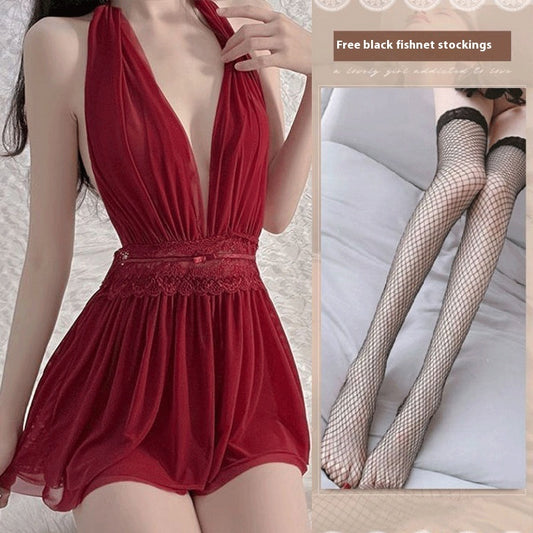 French-style Mesh Backless Halter Nightdress