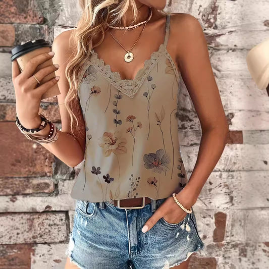 Printed Lace V-neck Pullover Strap