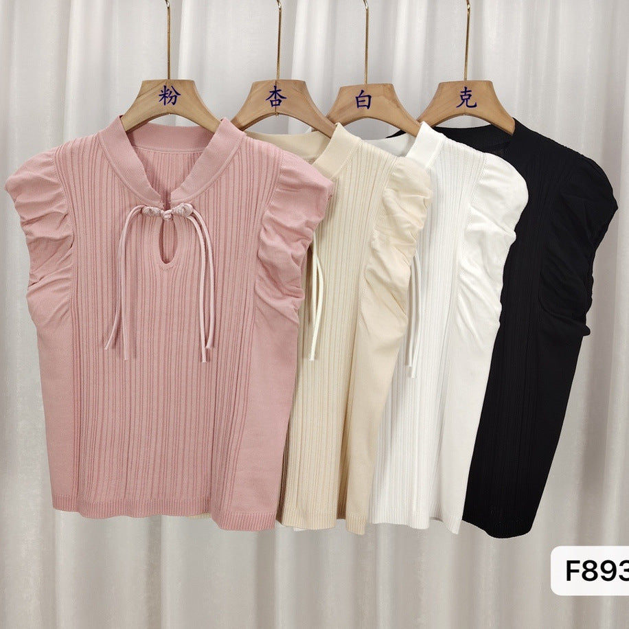 Retro-style Buckle Puffed Sleeves Elegant Top