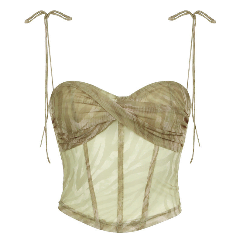 Sexy Corrugated Printed Mesh Camisole Low Collar Cinched Tube Top
