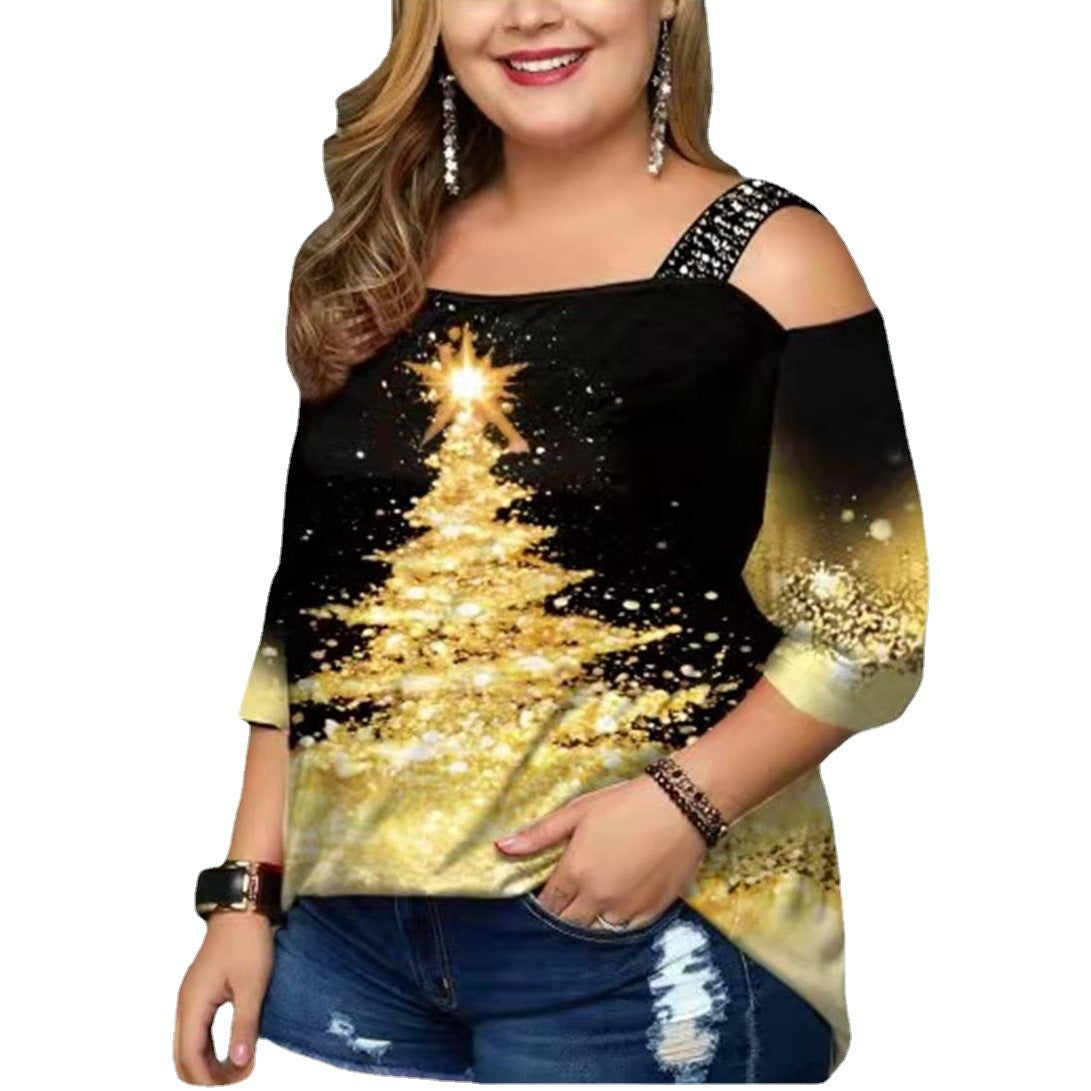 Christmas Tree Printed Off-shoulder T-shirt Top