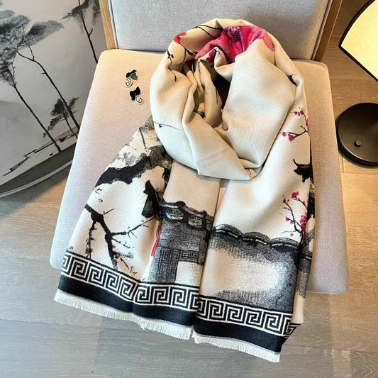 Chinese Aesthetic Ink Painting Shawl Autumn And Winter Warm Scarf
