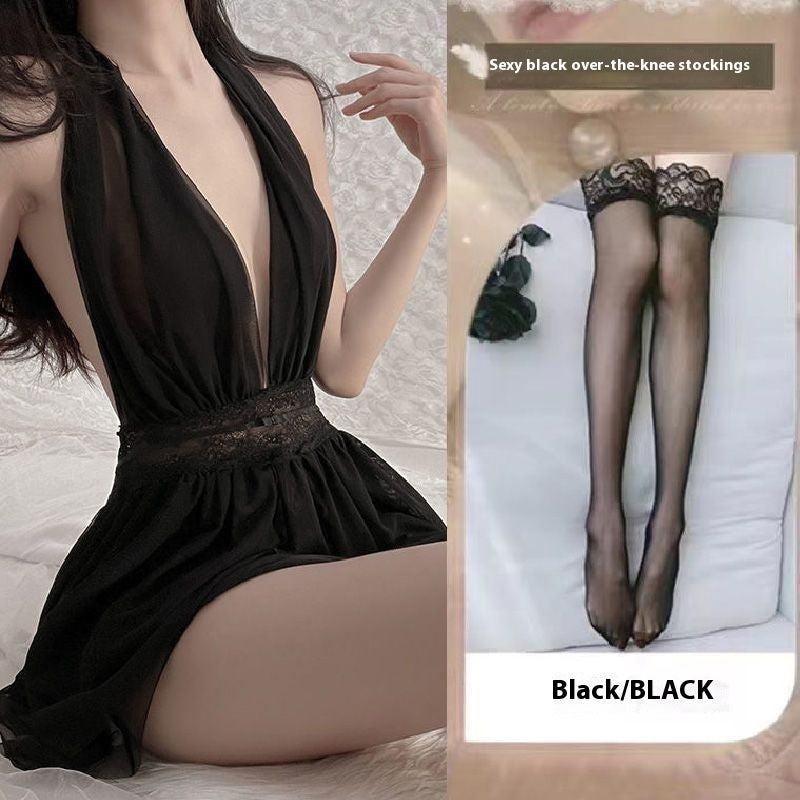 French-style Mesh Backless Halter Nightdress