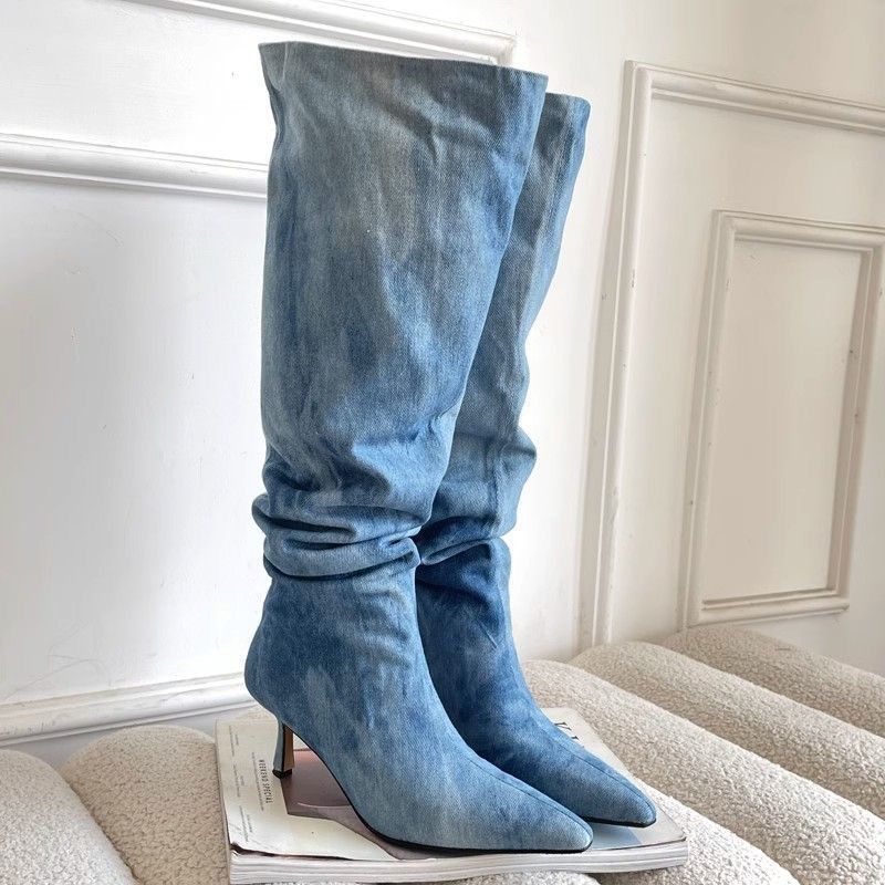 Stiletto Denim High Heel Bow The Knee Boots