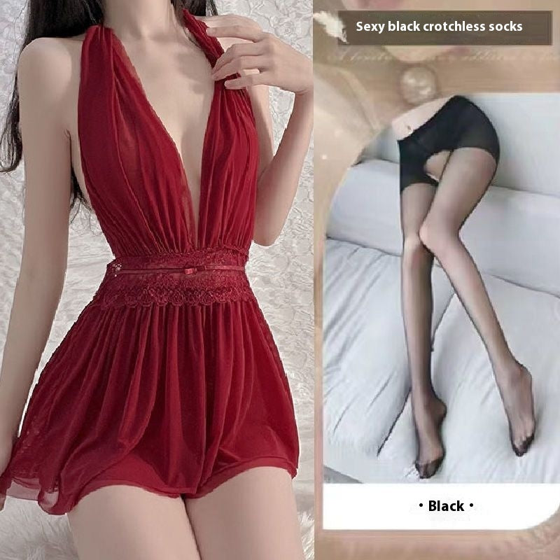 French-style Mesh Backless Halter Nightdress