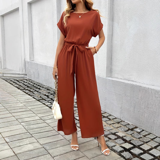 women's Fashion Solid Color With Belt Round Neck Jumpsuit