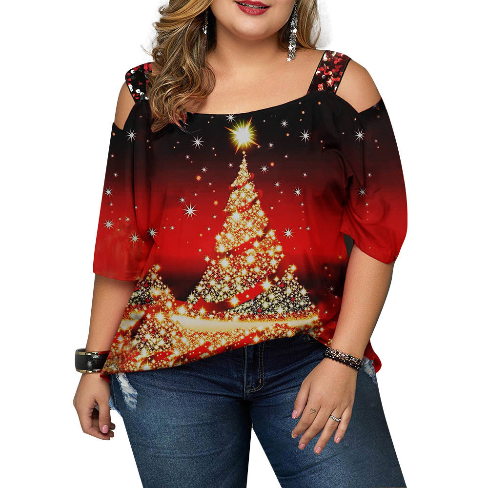 Christmas Tree Printed Off-shoulder T-shirt Top