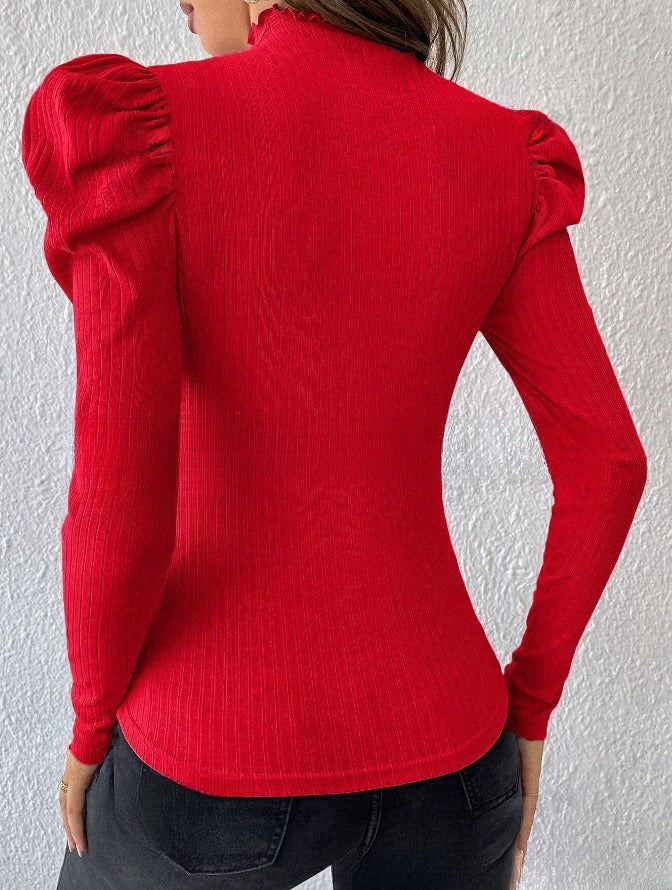 Bubble Sleeve Slim Leopard Buckle Ruffled Top
