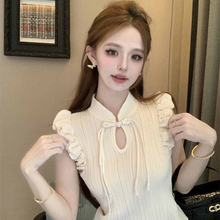 Retro-style Buckle Puffed Sleeves Elegant Top