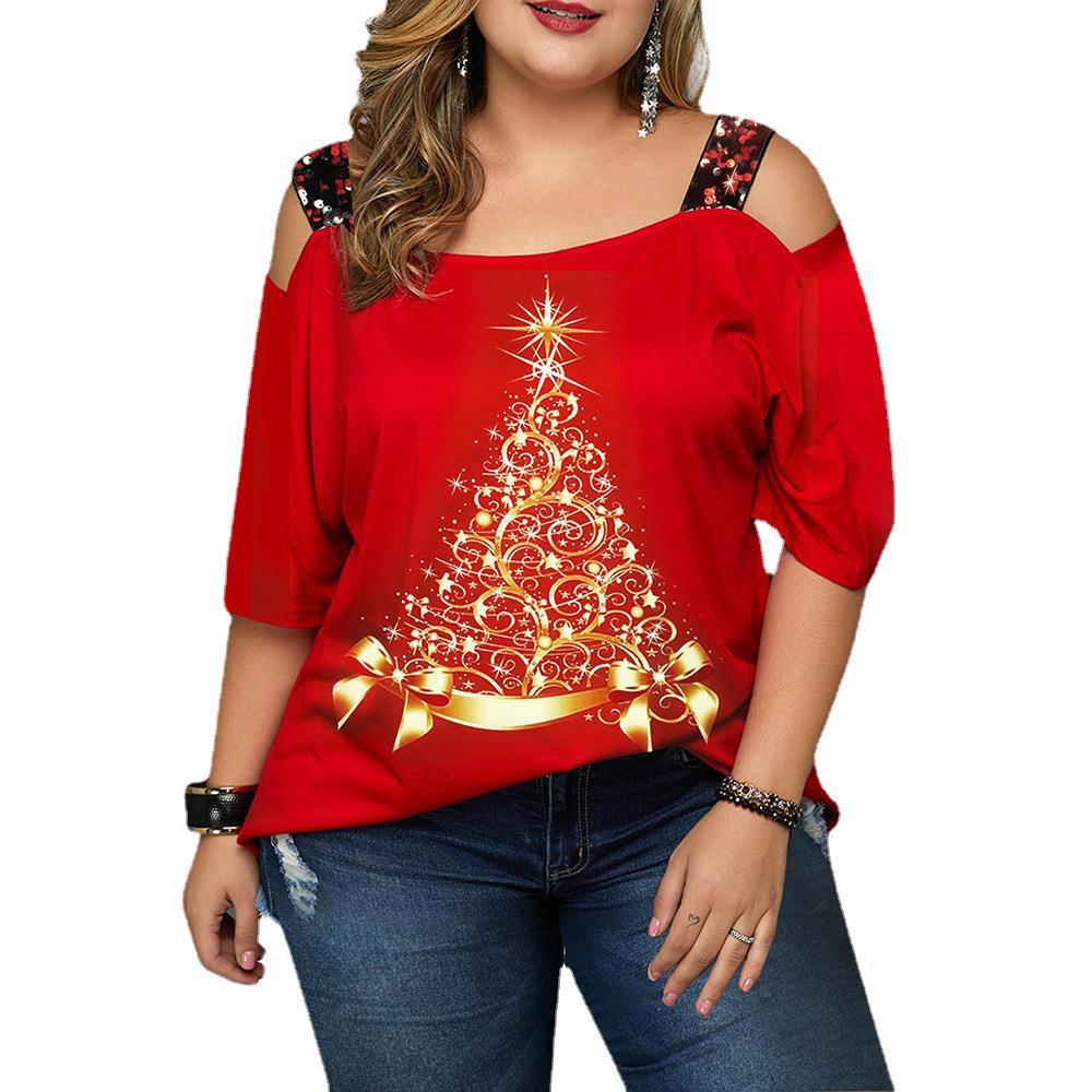 Christmas Tree Printed Off-shoulder T-shirt Top