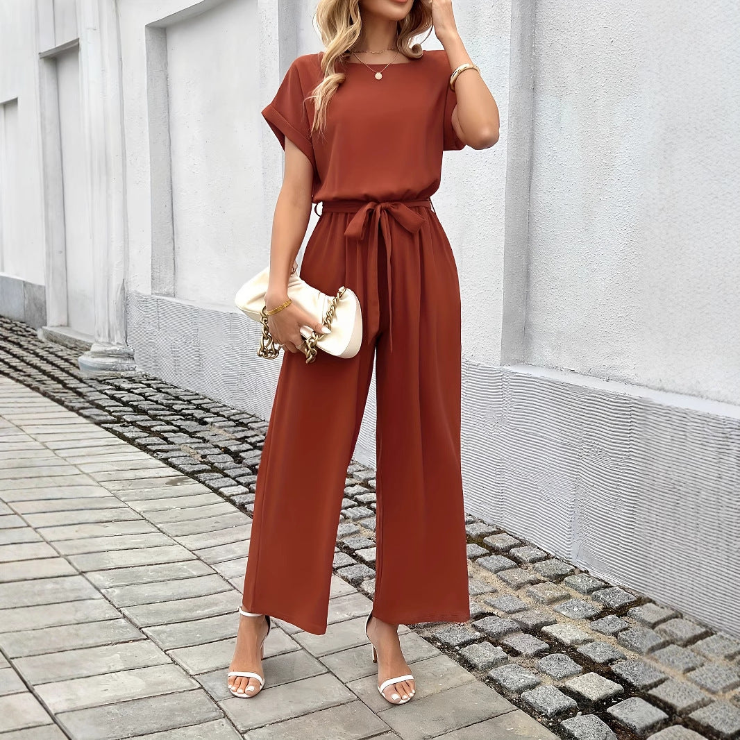women's Fashion Solid Color With Belt Round Neck Jumpsuit