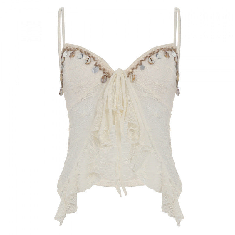 Low Collar Chest-Flattering Lace-up Mesh Sexy Vest