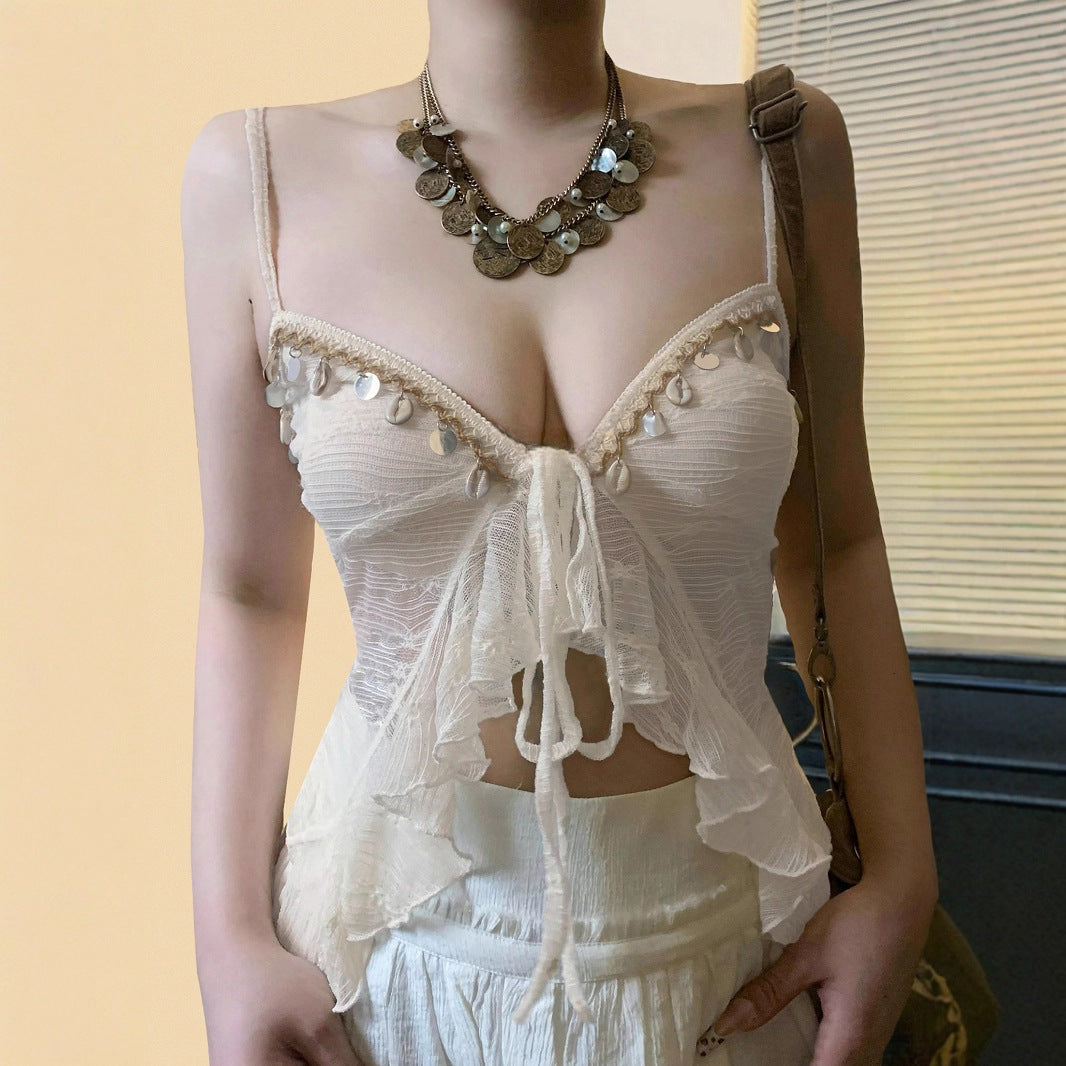 Low Collar Chest-Flattering Lace-up Mesh Sexy Vest