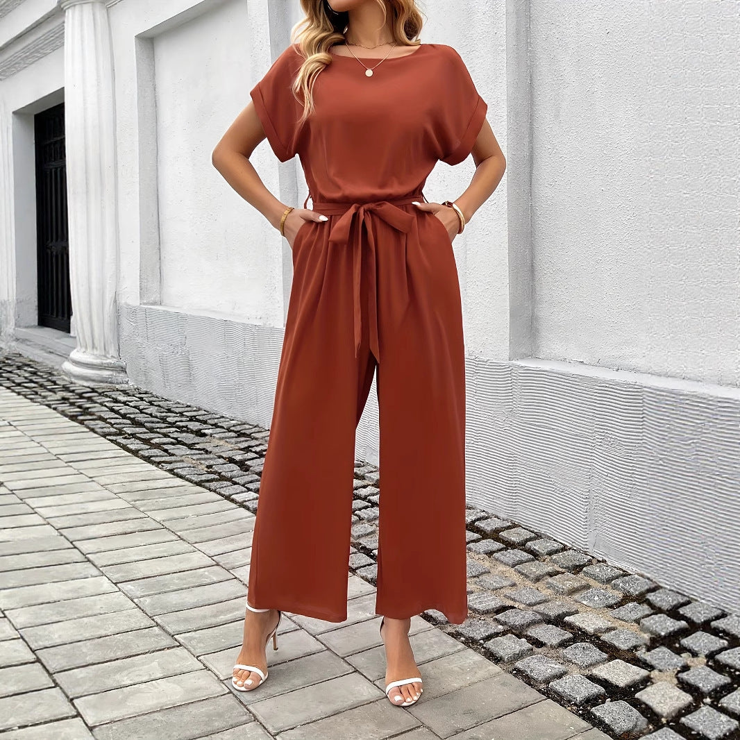 women's Fashion Solid Color With Belt Round Neck Jumpsuit