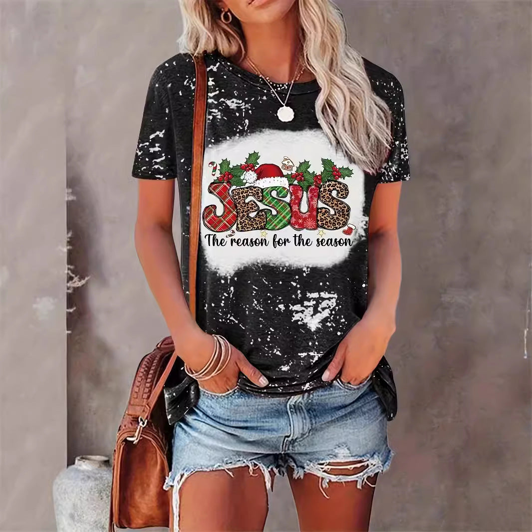Jesus Print Christmas Round Neck T-shirt