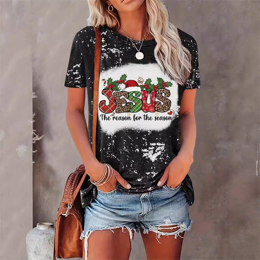 Jesus Print Christmas Round Neck T-shirt