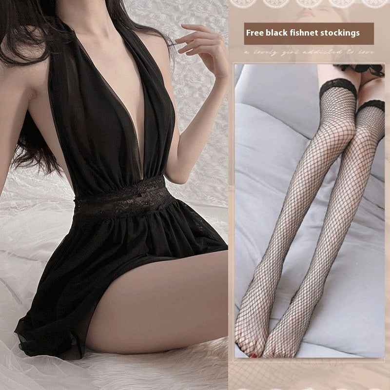 French-style Mesh Backless Halter Nightdress