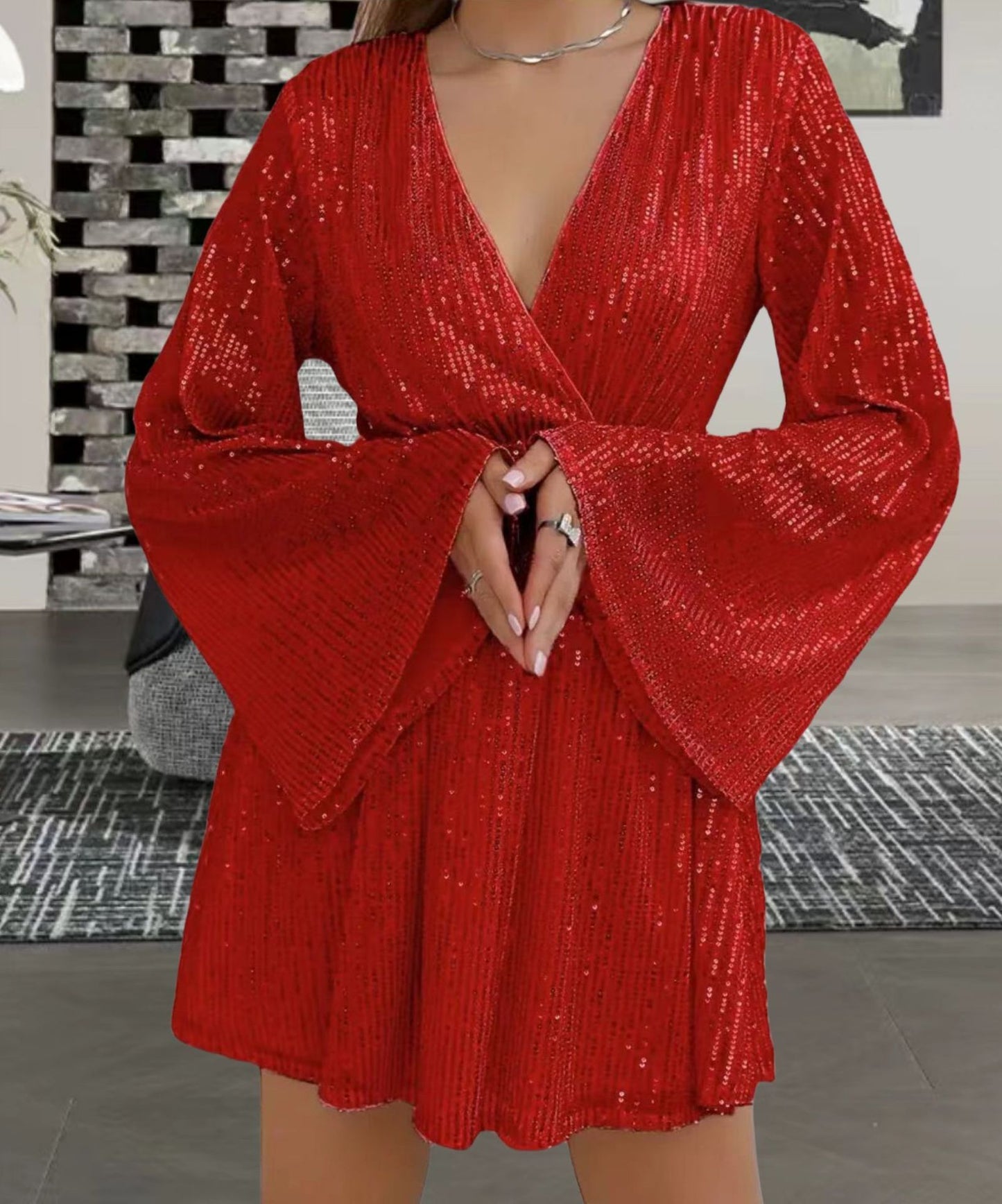 V-neck Sequin Waist Slimming Party Evening Dress