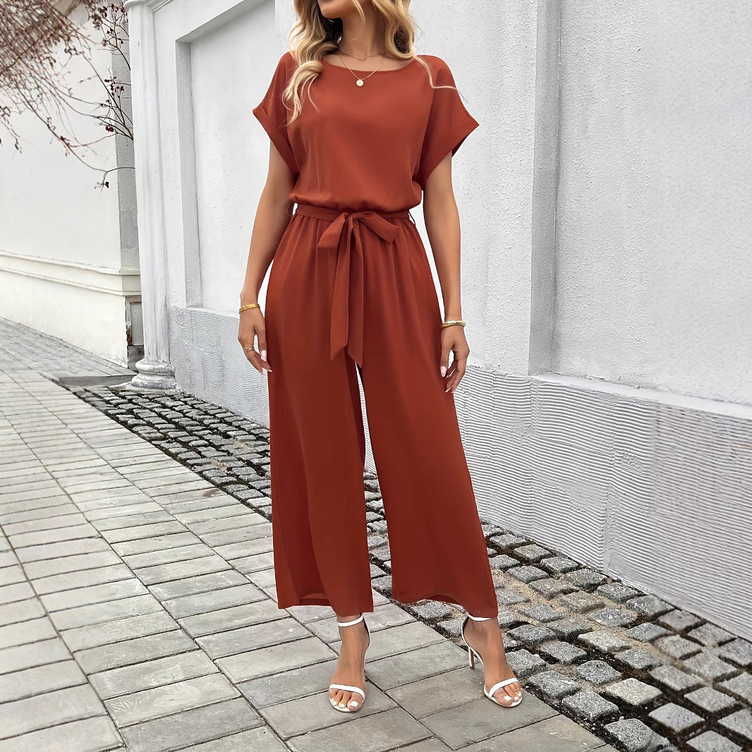 women's Fashion Solid Color With Belt Round Neck Jumpsuit