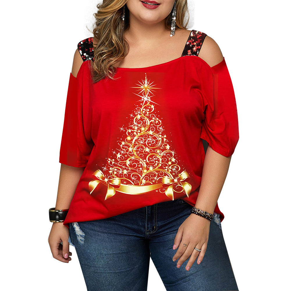 Christmas Tree Printed Off-shoulder T-shirt Top