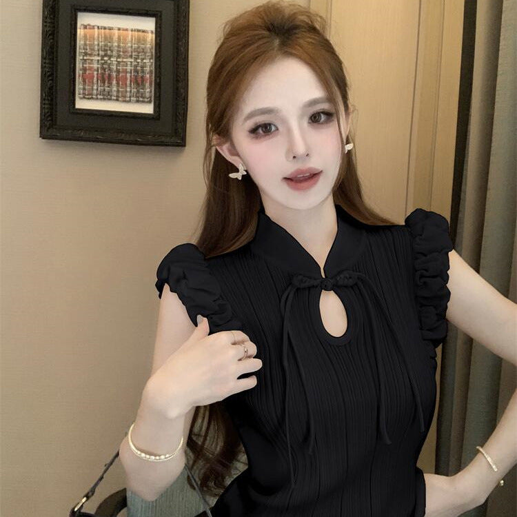 Retro-style Buckle Puffed Sleeves Elegant Top