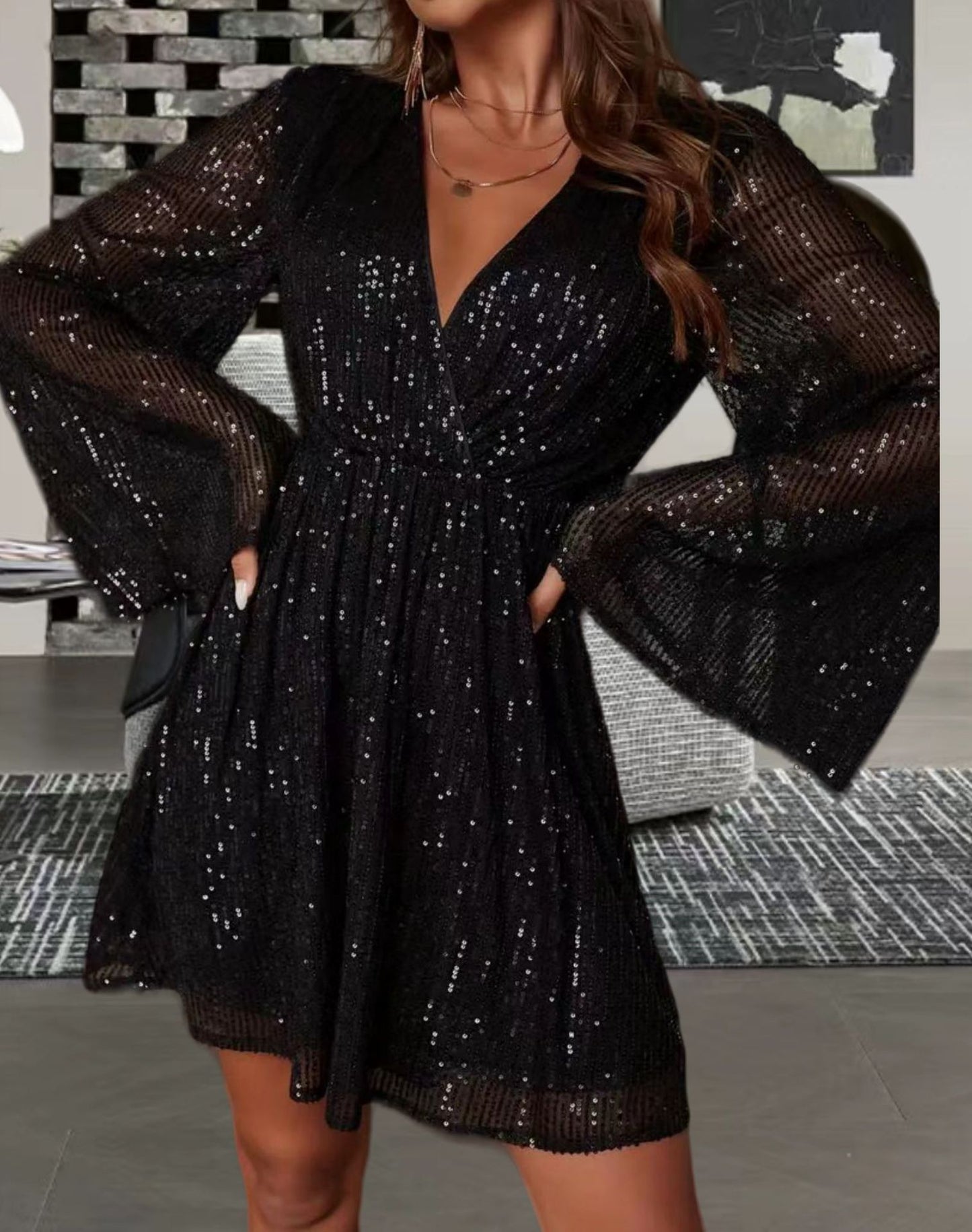 V-neck Sequin Waist Slimming Party Evening Dress