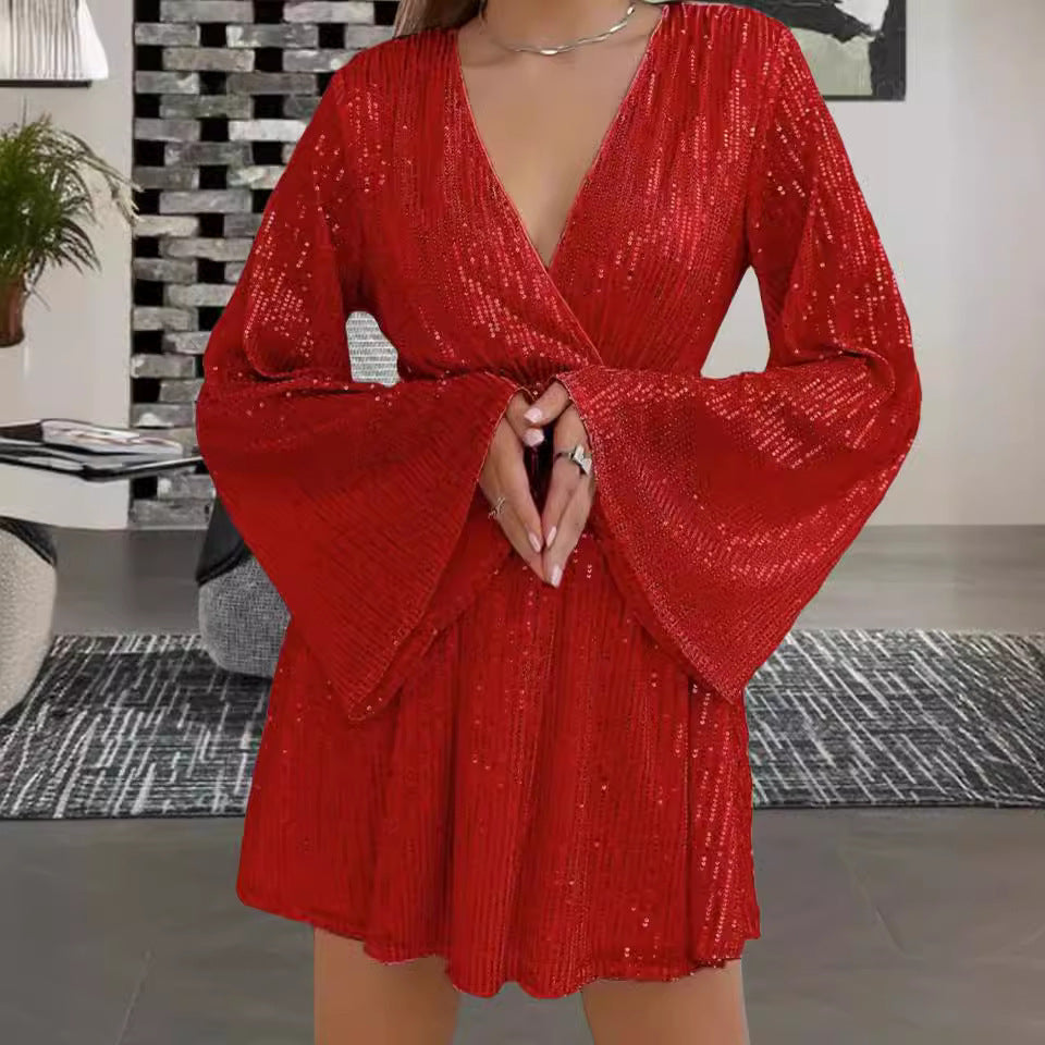 V-neck Sequin Waist Slimming Party Evening Dress
