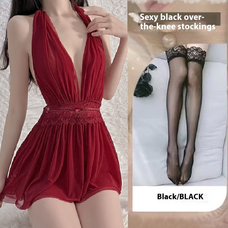 French-style Mesh Backless Halter Nightdress