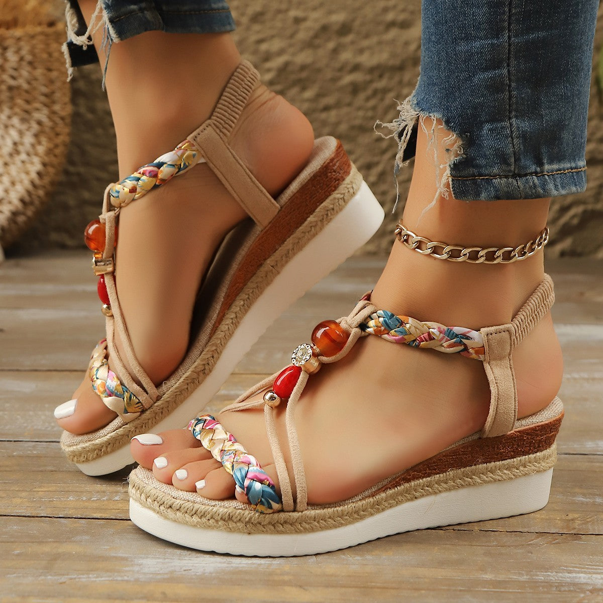 Rhinestone Beaded Wedge Heels