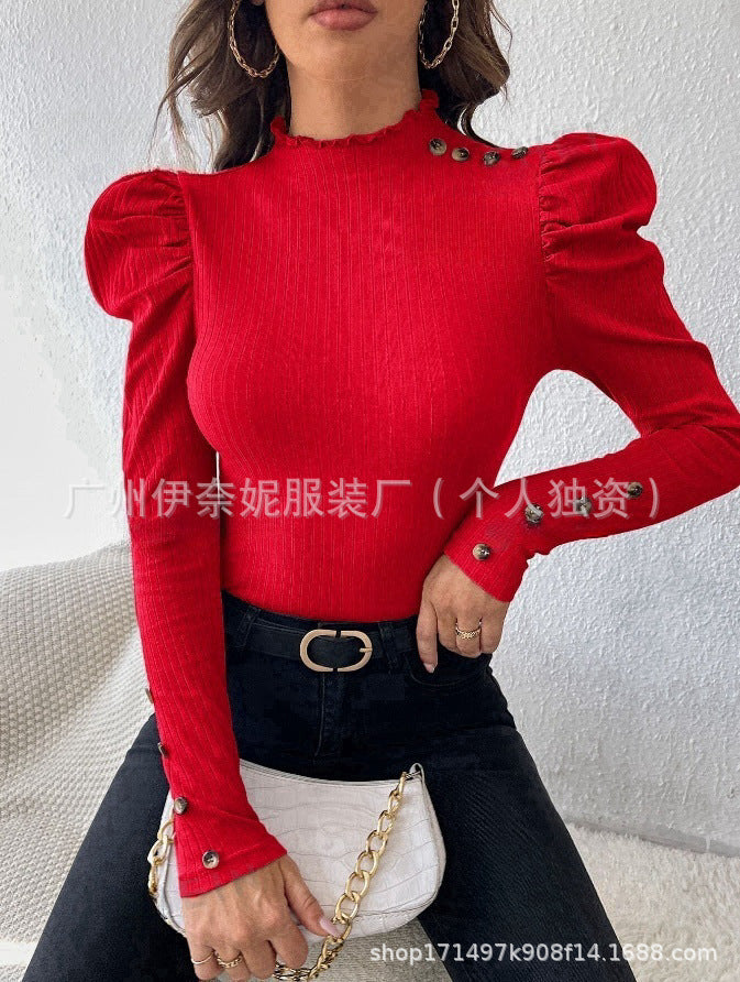 Bubble Sleeve Slim Leopard Buckle Ruffled Top