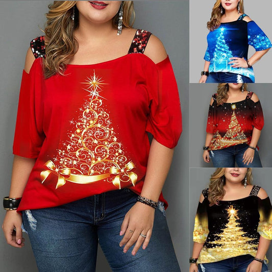 Christmas Tree Printed Off-shoulder T-shirt Top