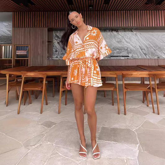 Waist-controlled Lace-up Geometric Printed Sexy Jumpsuit
