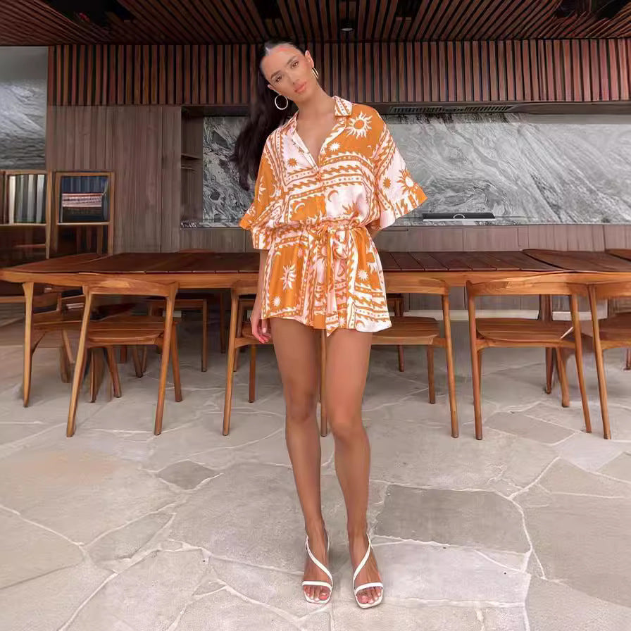 Waist-controlled Lace-up Geometric Printed Sexy Jumpsuit