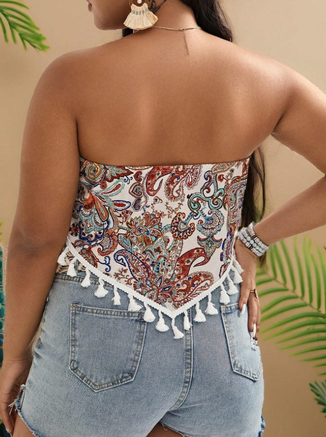 Print Tassel Trim  Summer Top